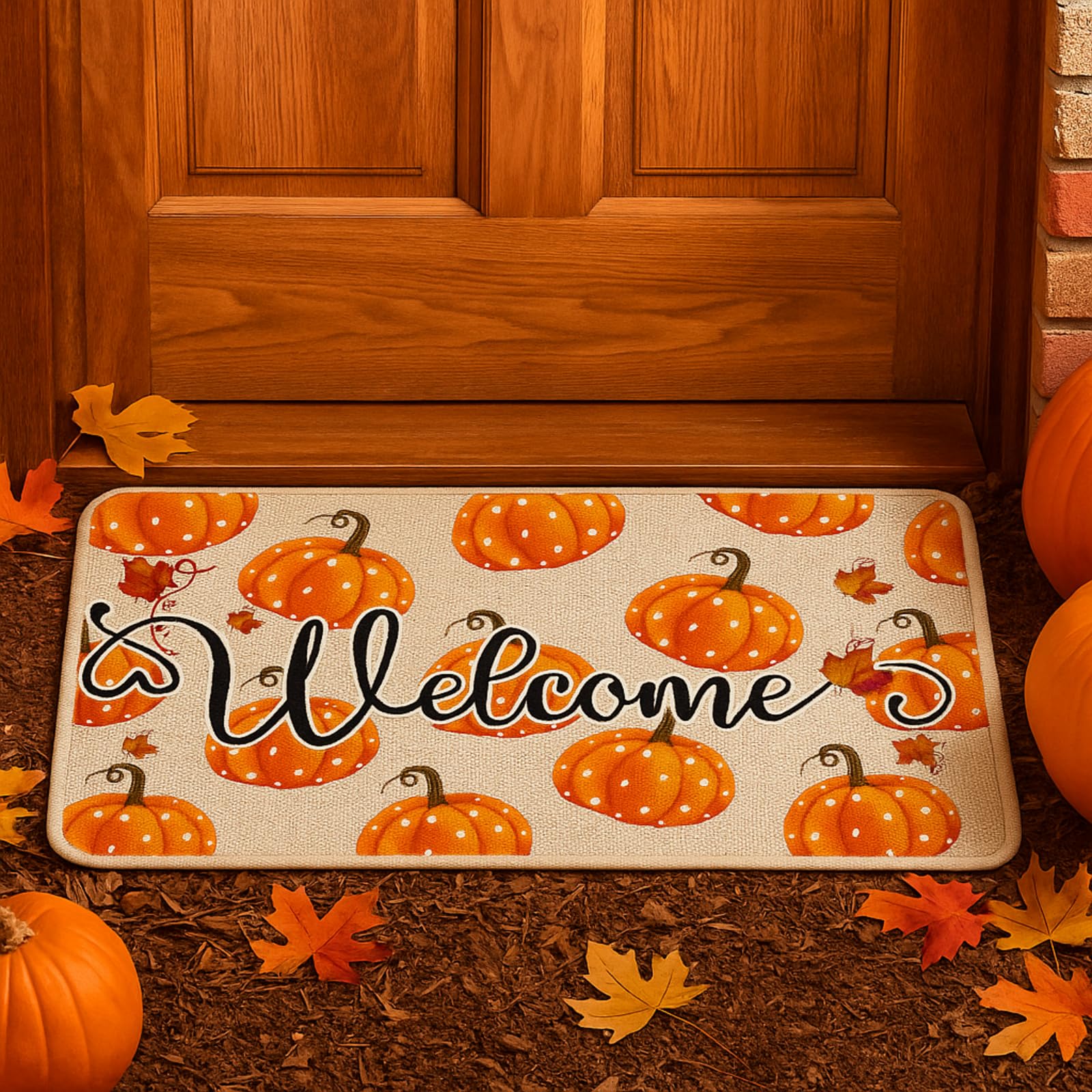 Zhanmai Thanksgiving Pumpkin Welcome Mat Fall Door Mat Non Slip Autumn Door Rug 16" x 28" Indoor Outdoor Entrance Rug Pumpkin Maple Leaf Design Decorative Doormats for Front Home Kitchen
