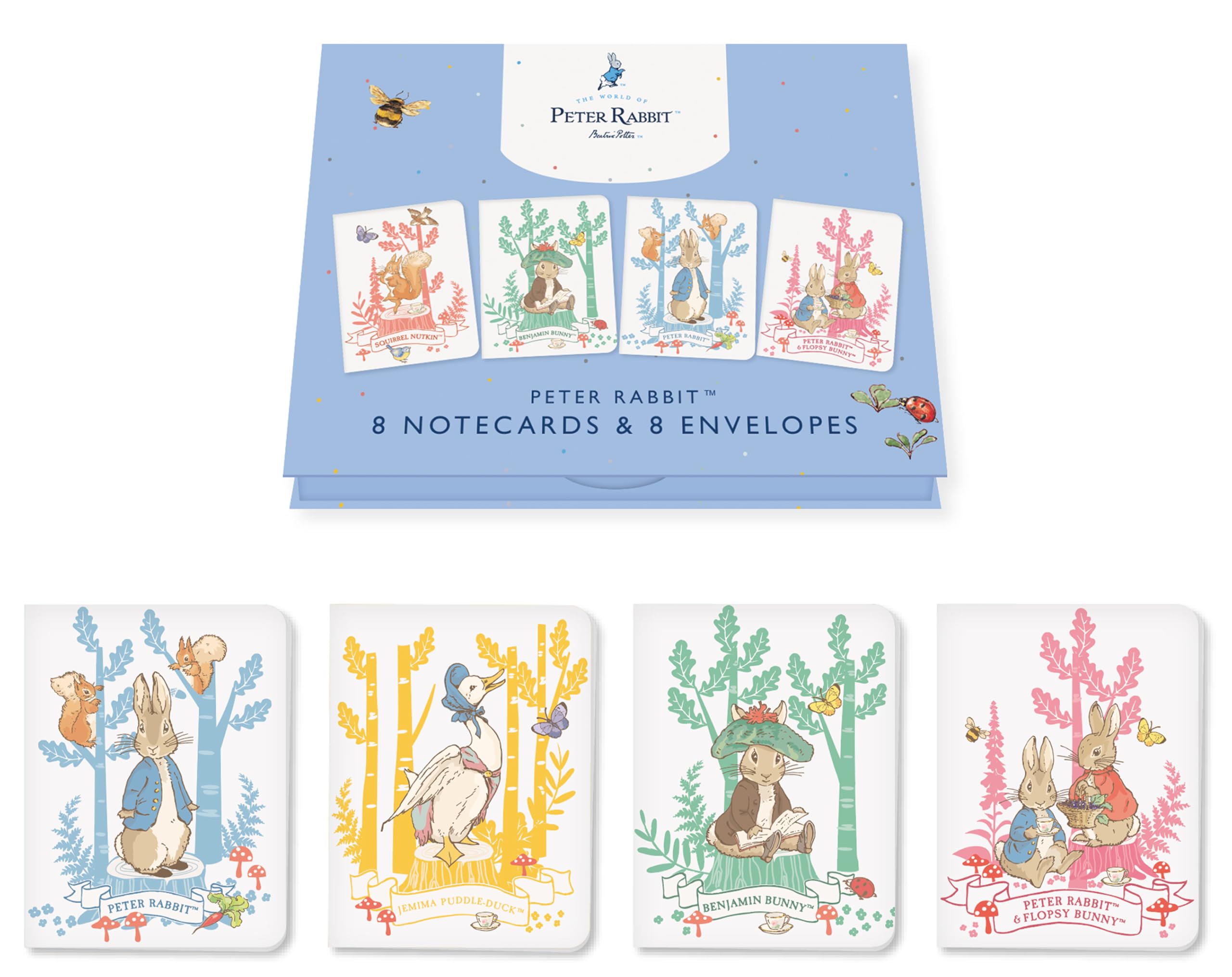 Peter Rabbit Notecards & Envelopes Set | 8 Cards in 4 Designs | Forest Picnic Stationery | Writing & Thank You Cards