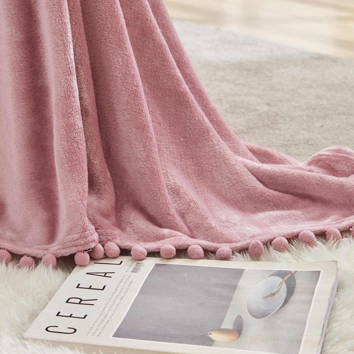 BEAUTEX Fleece Throw Blanket with Pompom Fringe, Dustypink Flannel Blankets and Throws for Couch, Super Soft Cozy Lightweight Plush Throw Blanket (50" x 60"): Home & Kitchen