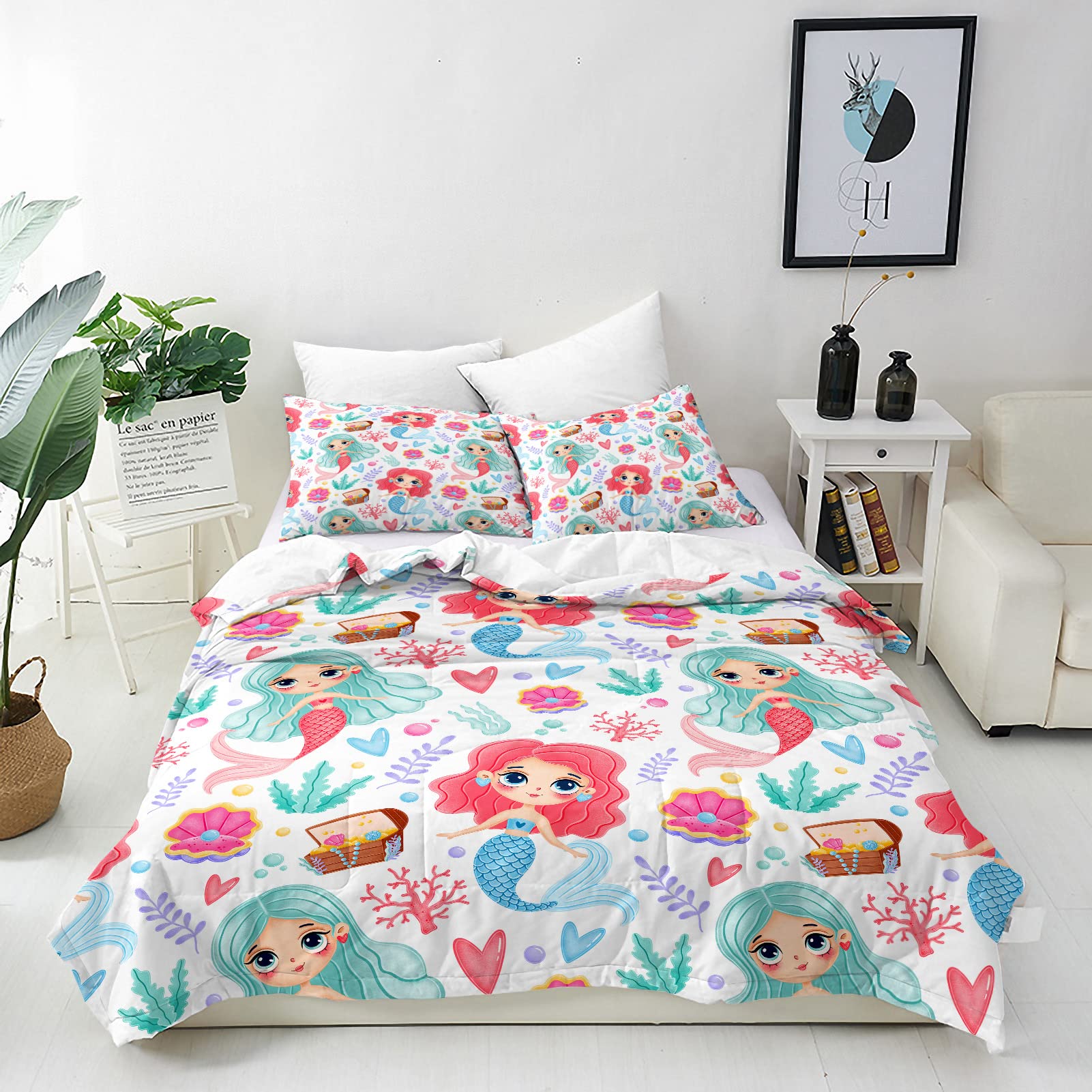 ANHOPE Mermaid Duvet Cover Set Soft Lightweight 3Pcs Bedding Set with 2 Pillowcase Ocean Underwater Cute Cartoon Mermaid Print Pattern Kids Girls Microfiber Quilt Cover with Zipper Closure Single Size — image 1