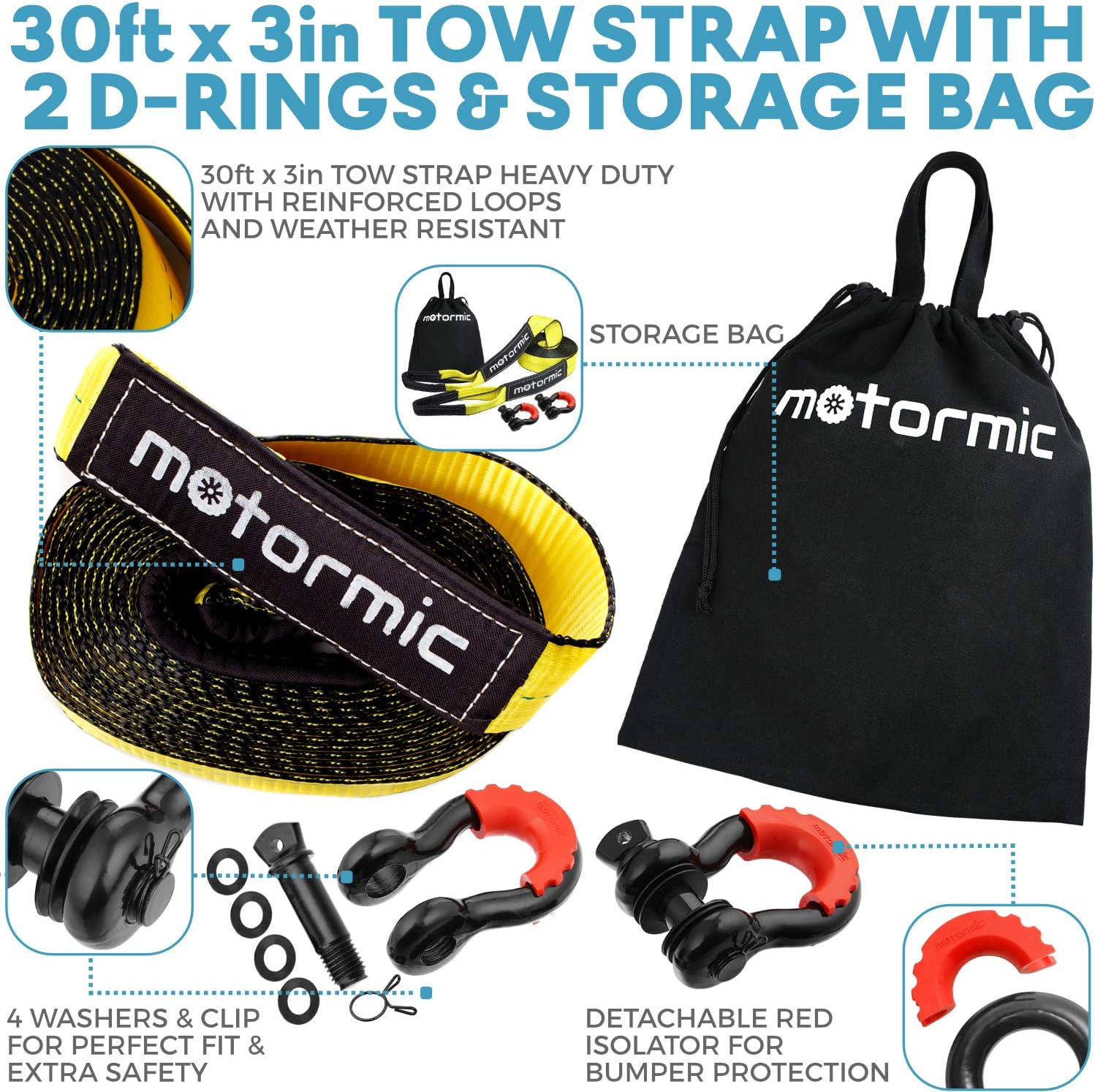 motormic Tow Strap Recovery Kit - 3" x 30ft (30,000 lbs.) Rope + 3/4" D Ring Shackles (2pcs.) + Storage Bag - Heavy Duty Straps for Winch - Truck, Car, ATV, Off Road Vehicle Towing: Automotive