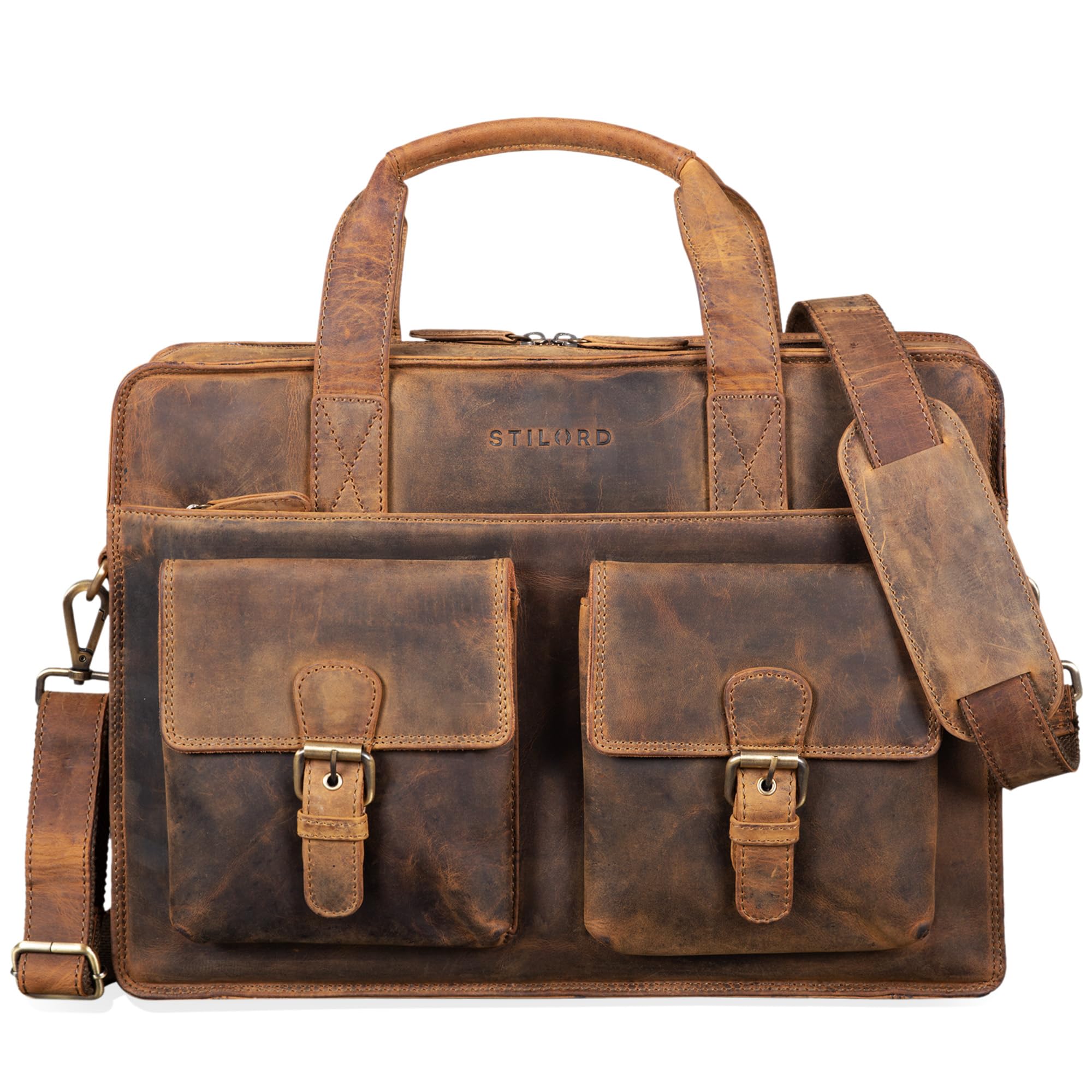 STILORD 'Augustus II' Business Bag Leather ' Business Bag Leather for 13,3 inch MacBooks and Small Folders Shoulder Bag Laptop Bag Briefcase Cowhide Leather, Colour:Middle Brown