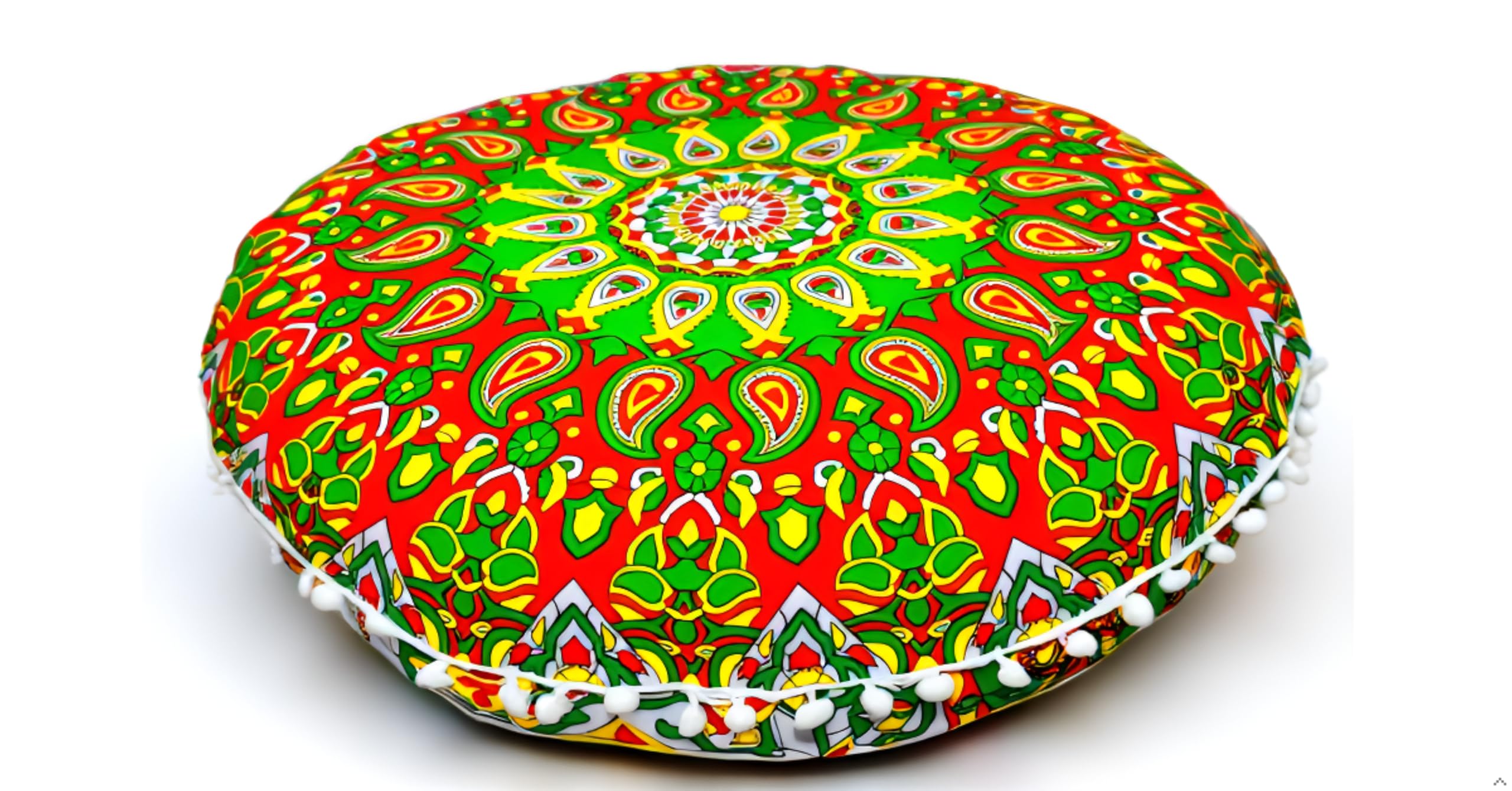 Round Mandala Floor Pillow Cover Seating Cushion Throw Cover Hippie Decorative Bohemian Ottoman Pouf Cover, Pom Pom Pillow Cases,Boho Indian 22 Inches (Green Red)
