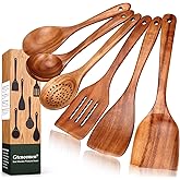 Gtencemen 6 Piece Teak Wood Kitchen Utensil Set - Non-Scratch & Non-Toxic Kitchen Cooking Tools with Turner, Slotted Spatula, Angled Spatula, Skimmer, Serving & Salad Spoons