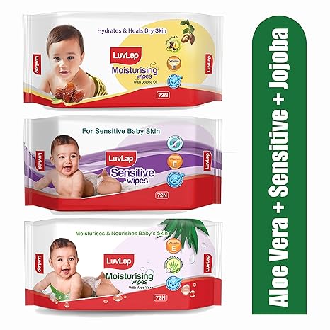 LuvLap Paraben Free Baby Wipes Combo Pack Aloe Vera + Jojoba + Sensitive (72 Wipes/Pack, Pack of 3)