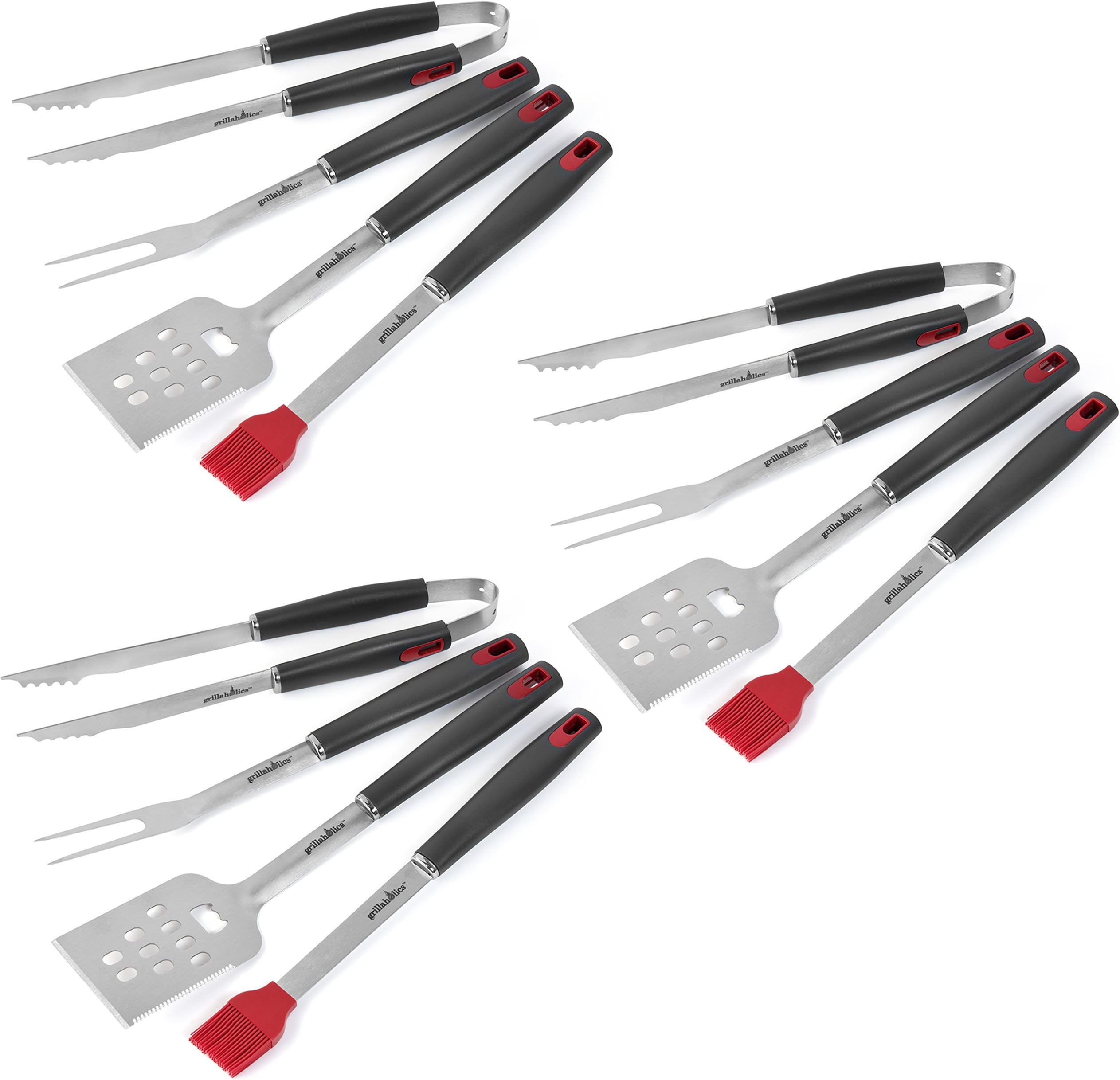 Grillaholics Grill Set - 3-Pack - 4-Piece BBQ Tools - Heavy Duty Stainless-Steel Barbecue Grilling Utensils - Premium Grilling Accessories for Barbecue - Spatula, Tongs, Fork, and Basting Brush