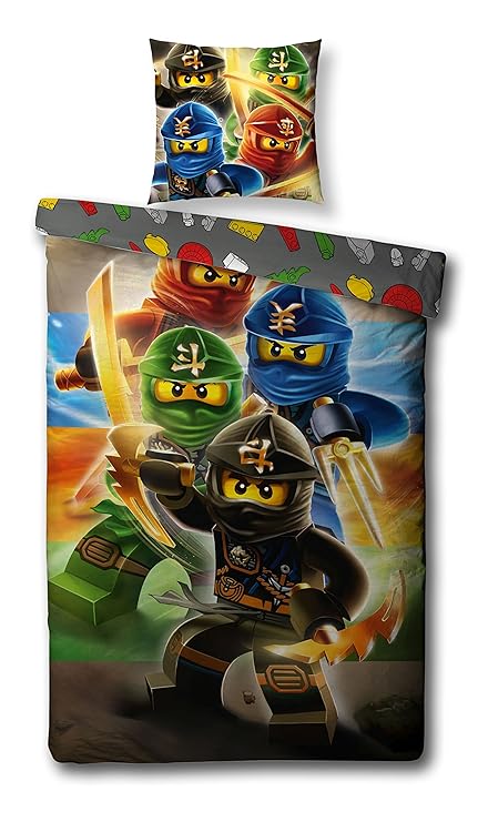 Familando Wende Bettwäsche Set Lego Ninjago, 135x200cm + 80x80cm, Linon 1475 Baumwolle Kinderbettwäsche