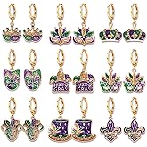 9/12Pairs Mardi Gras Earrings for Women, Crown Mask Fleur De Lis Earrings Glitter Carnival Parade Party Earrings for Fat Tuesday Celebrations Mardi Gras Accessory Gifts
