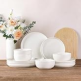 Ceramic Dinnerware Sets for 4,Handcraft Wavy Rim Stoneware Plates and Bowls Sets,Highly Chip and Crack Resistant | Dishwasher & Microwave & Oven Safe Dishes set,Service for 4 (12pc)-White &Wave