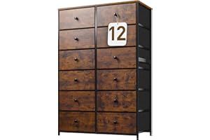 EnHomee Tall Dresser, Dresser for Bedroom with 12 Drawers Tall Bedroom Dresser for Bedroom, Large Fabric Dresser with Wood Top, Metal Frame for Closets, Living Room, Entryway, Rustic Brown