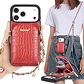 Hanman Leather Wallet Case with Wrist Strap for iPhone 17 Pro Max,RFID Blocking Microfiber PU Leather Zipper Purse Case for iPhone 17 Pro Max,Crocodile Hand Card Holder Cover-Red