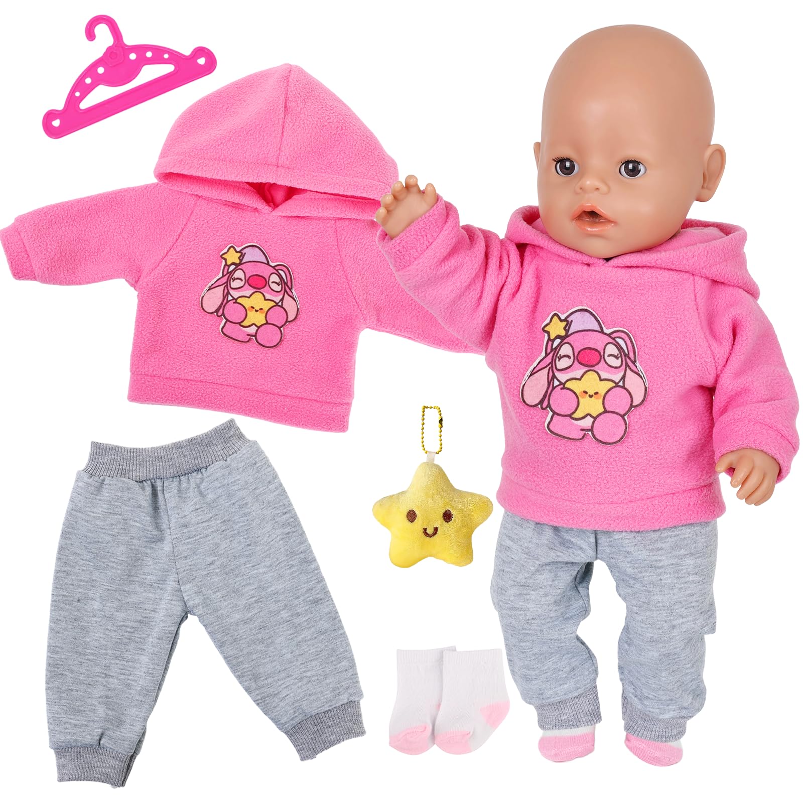 5 Pcs Pink Dolls Clothes for 14-18 Inch Baby Dolls, 35-45cm Newborn Baby Doll Clothes with Knitted Cardigan Bow hairband and Socks, 43cm Sweet Cute Doll Clothes Outfits Accessories Gifts for Children