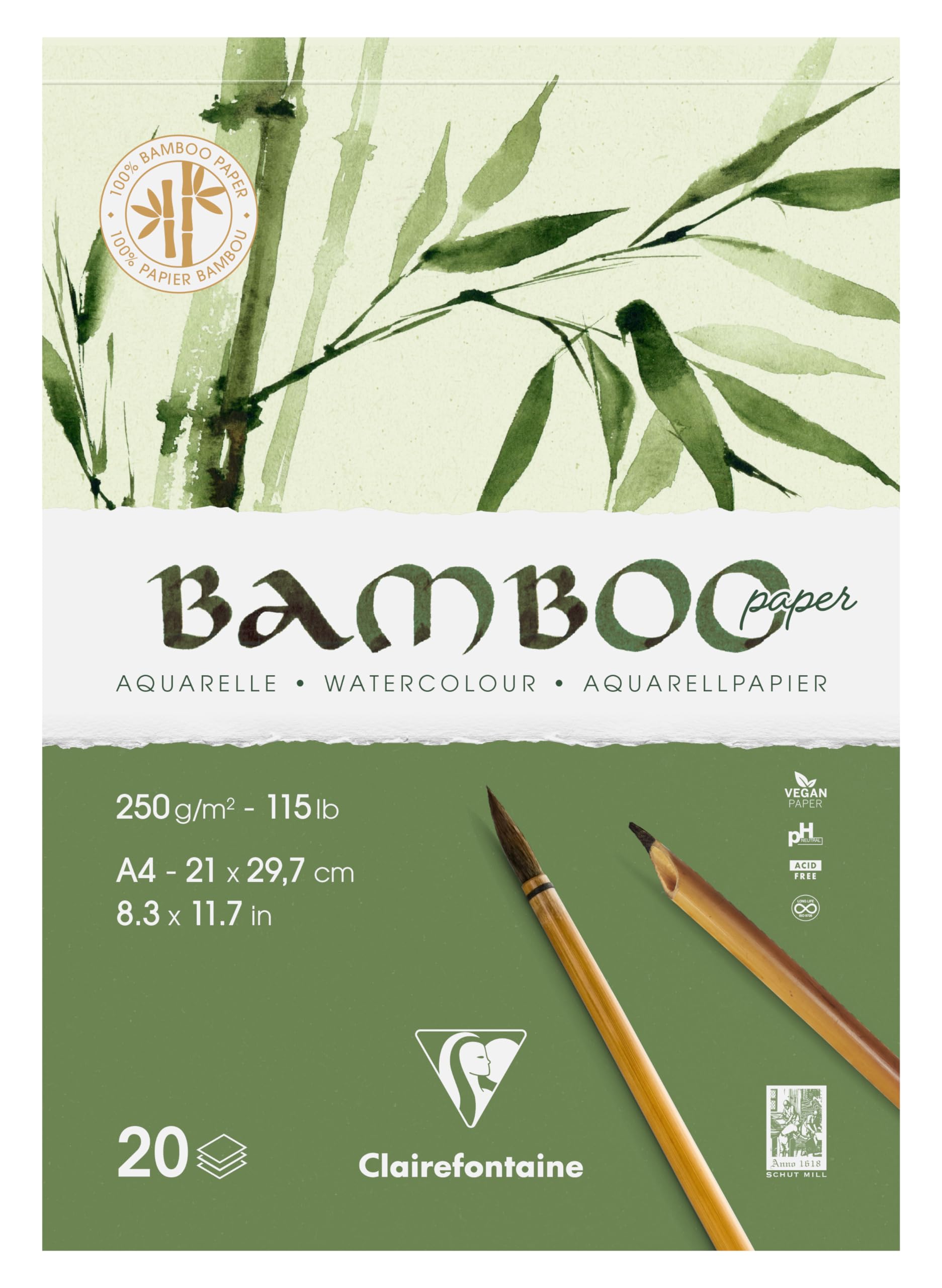 Clairefontaine 975919C - Bamboo Single-Sided Pad - 20 Sheets 100% Bamboo Paper Natural White Watercolour 100% Vegan - Finely Marked Grain A4 21x29.7 cm 250g