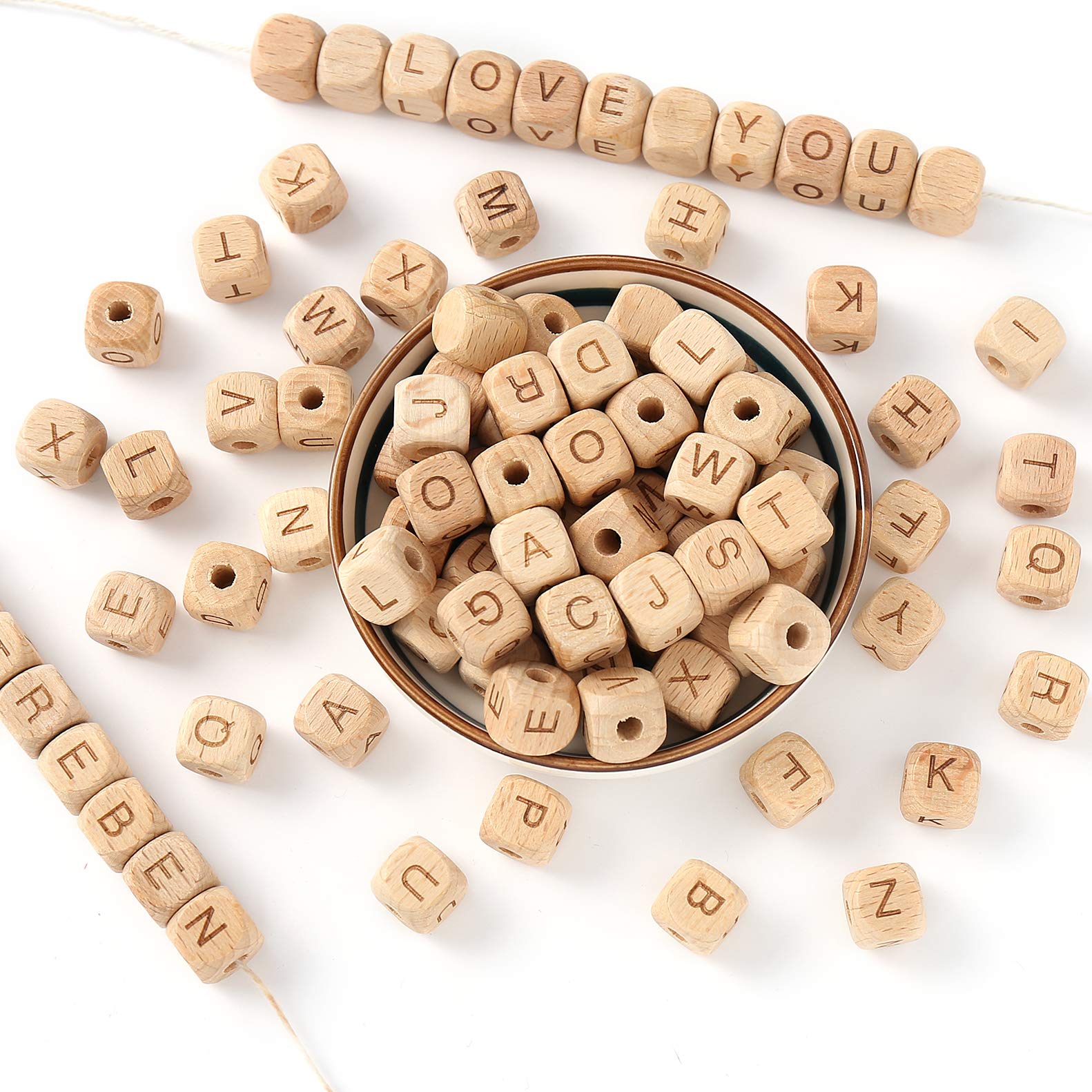 HERZWILD 72 pcs Natural Wooden Loose Letter Cube Beads 12 mm Square for Crafts Decoration