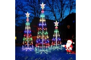 PINPON 3 Pack 3'+4'+5'Multicolor Christmas Cone Tree Light Animated Outdoor Christmas Tree Light Show with 8 Modes Light Up Artificial Christmas Tree for Lawn Porch Indoor Outdoor Decoration