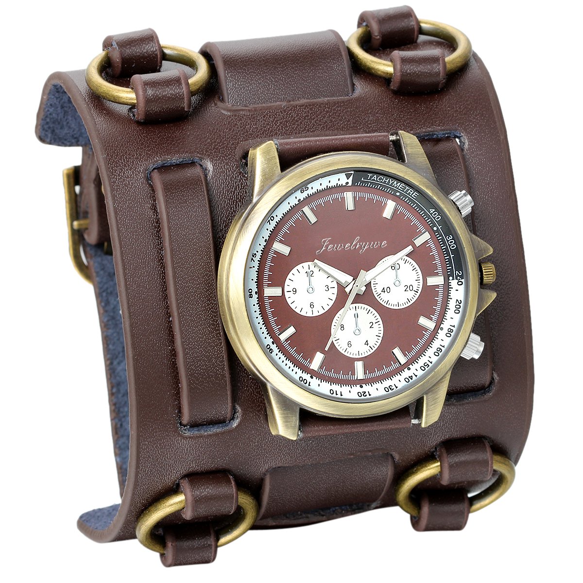 JewelryWe Gifts for Dad Hip-hop Gothic Punk Leathernk Style Men Watch Big Brown Leather Cuff Wrist Watch
