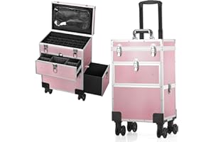 BUKUMO Professional Rolling Makeup Train Case, Multi-functional Manicure Cosmetic Trolley with 360° Swivel Wheels and Locks, Large Storage Makeup Organizer Rolling Nail Case for Nail Technician Artists