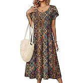 Zeagoo Women Midi Dresses for Summer 2026 Short Sleeve Casual Flowy Dress A Line Pleated V Neck Beach Sundress with Pockets