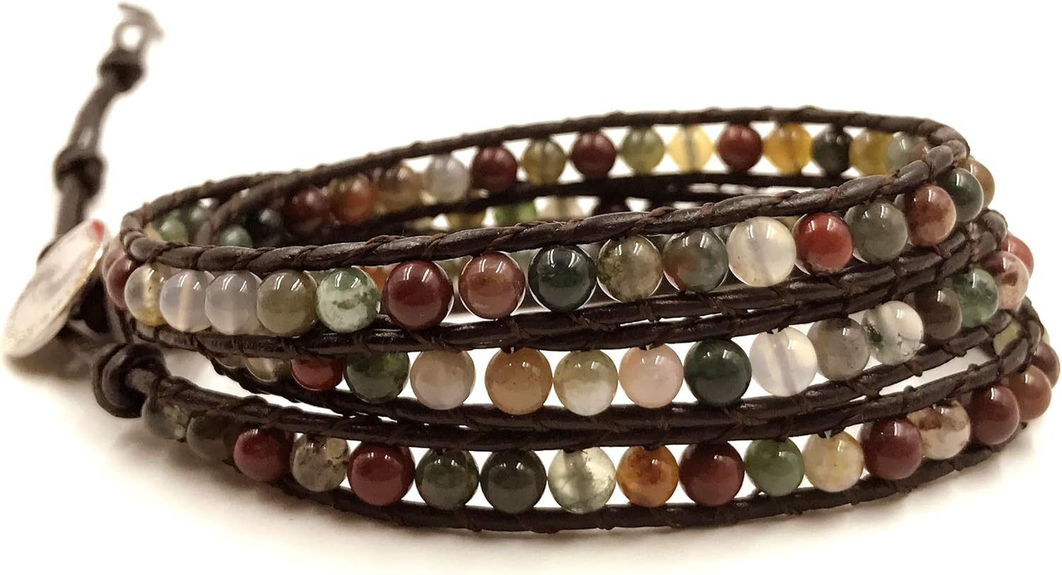 BLUEYES COLLECTION "Hot Mix Color India Agate Stainless Steel Snap Button Lock Genuine Leather Bracelet: Jewelry