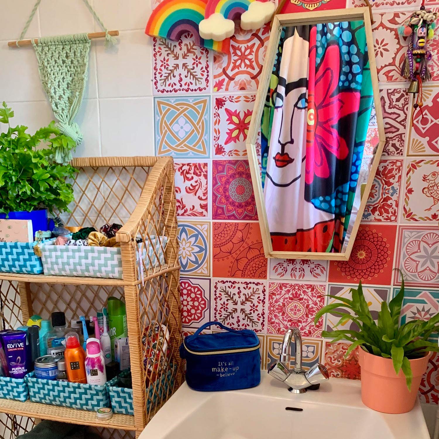 WALPLUS 72pcs 15x15cm Moroccan Mandala Red Tile Stickers Self Adhesive Waterproof Vinyl Transfers for Kitchen Bathroom Wall Splashback Decoration