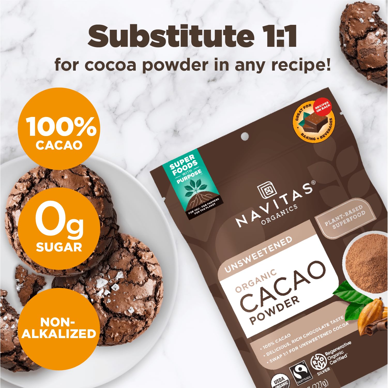 Navitas Organics Cacao Powder - Cocoa Powder Substitute 1:1, For Hot Chocolate, Baking & More - Regenerative Organic Certified, Non GMO, Fairtrade, Gluten Free, Non-alkalized (16oz. Bag, 76 Servings)