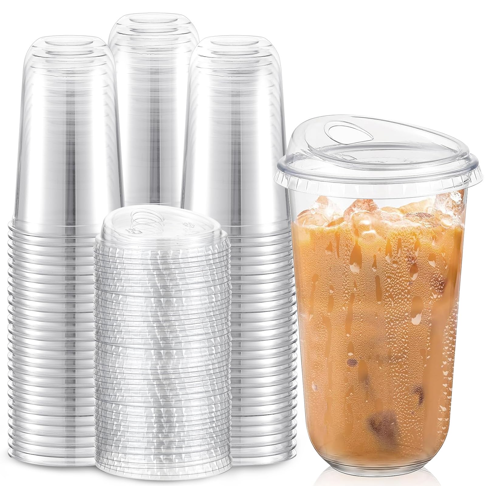 Photo 1 of Baderke 100 Pcs Plastic Cups with Sip Lids Round Bottom Disposable Plastic Coffee Cups with Lids Clear Strawless Crystal Mugs for Iced Coffee Smoothie Cold Beverage Party Catering Supplies (18 oz)