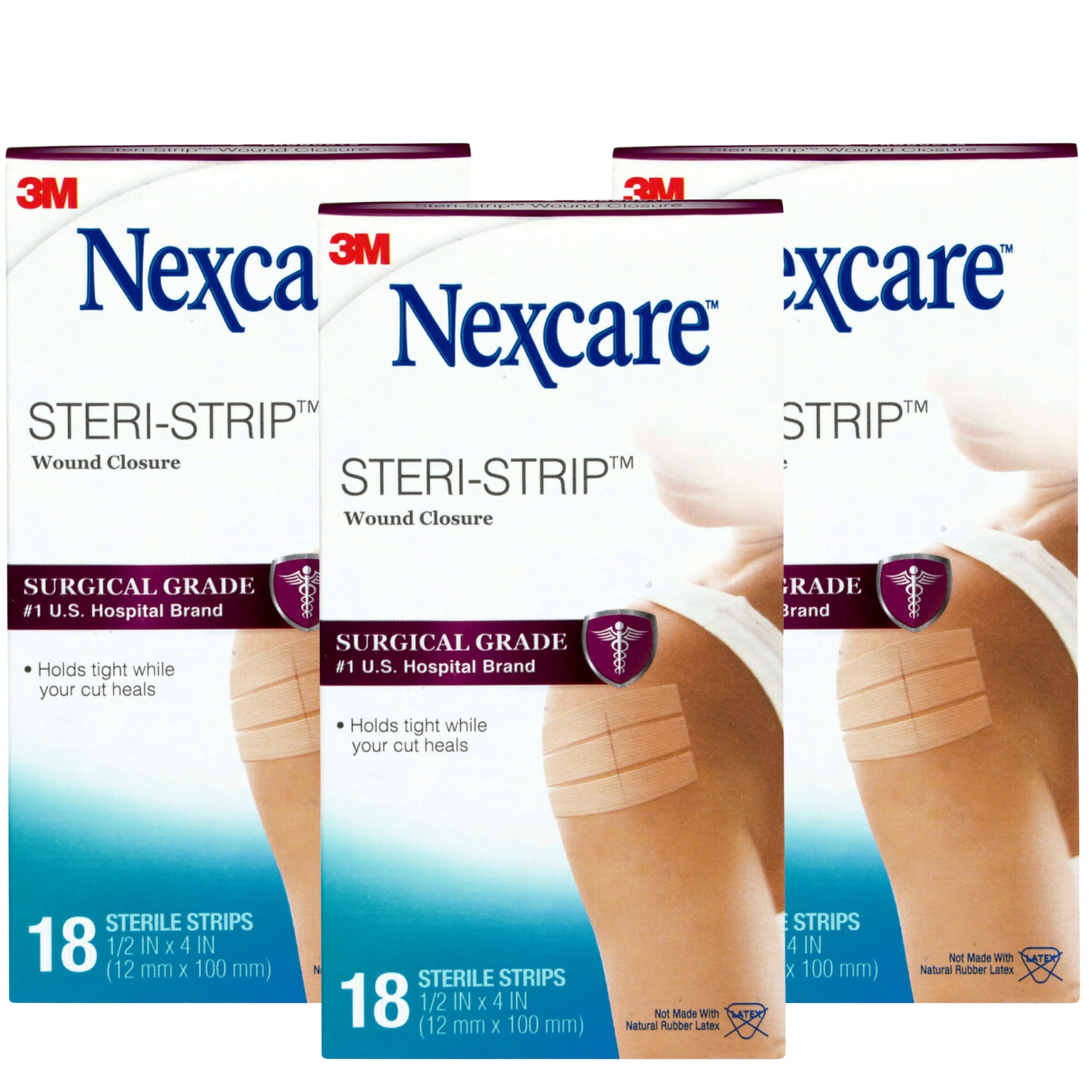Nexcare Steri-Strip Wound Closure Strips, 3 Pack (54 Count), 1/2 in x 4 in (12 mm x 100 mm), Breathable Hypoallergenic Skin Closures, Latex-Free, First Aid Wound Support After Sutures or Staples Image