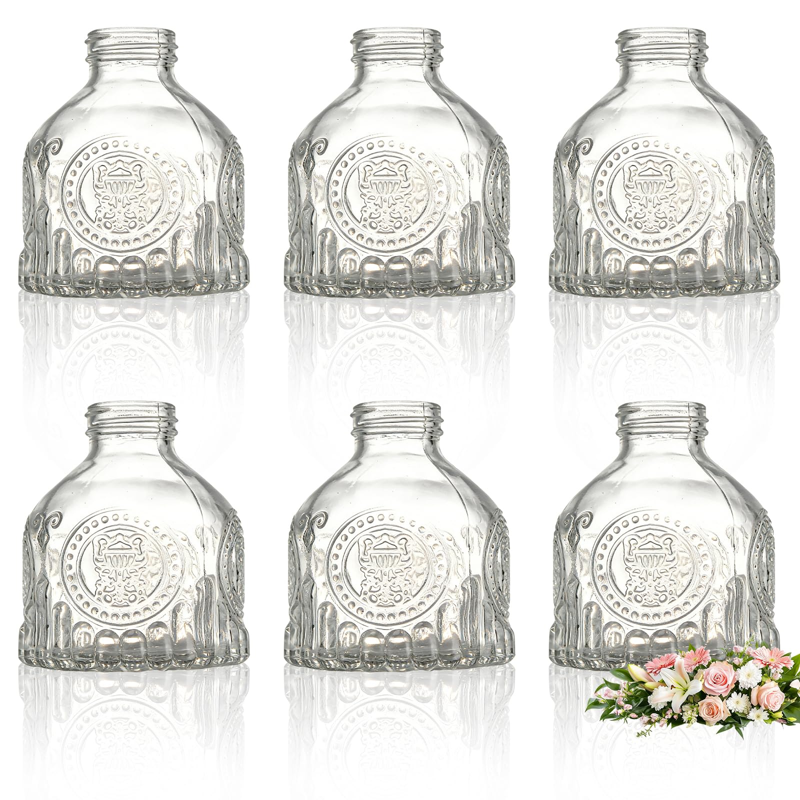 MEETOZ Glass Bud Vases Set of 6,Mini Vintage Bottles,for Home Wedding Party Event Office,Petite Modern Glass Flower Vase Floral Arrangements (Transparent)