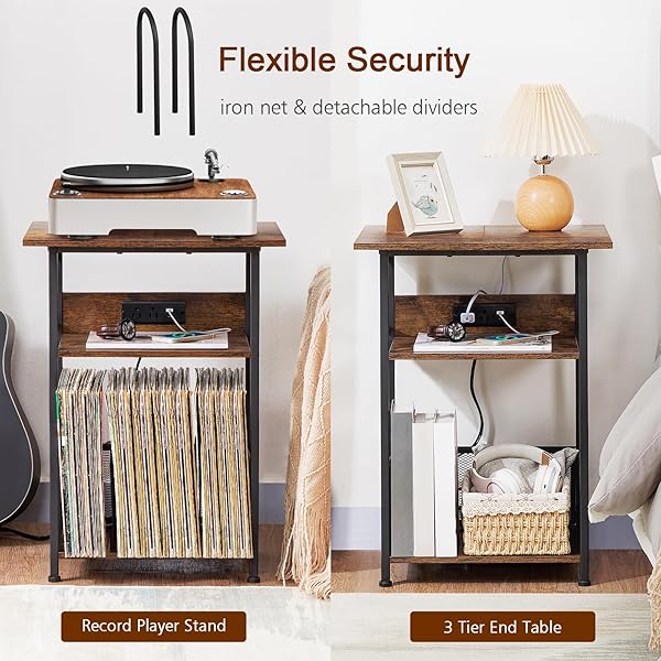 AMHANCIBLE RECORD PLAYER STAND WITH CHARGING STATION, LARGE TURNTABLE STAND WITH STORAGE CABINET, 3 TIER END TABLE HOLD UP TO 100 ALBUMS, RECORD STAND FOR VINYL, LIVING ROOM, BROWN, HETCD012BR-1
