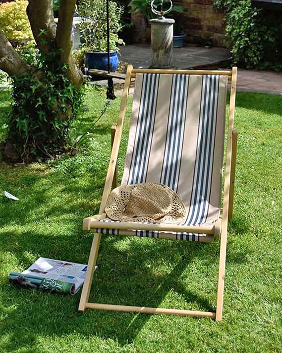 Striped Wooden Deck Chair Chairs Traditional Folding Sun Lounger Garden