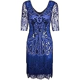 Vijiv Women's 1920s Flapper Dress V Neck Beaded Art Deco Tassel Cocktail Dresses with Sleeves
