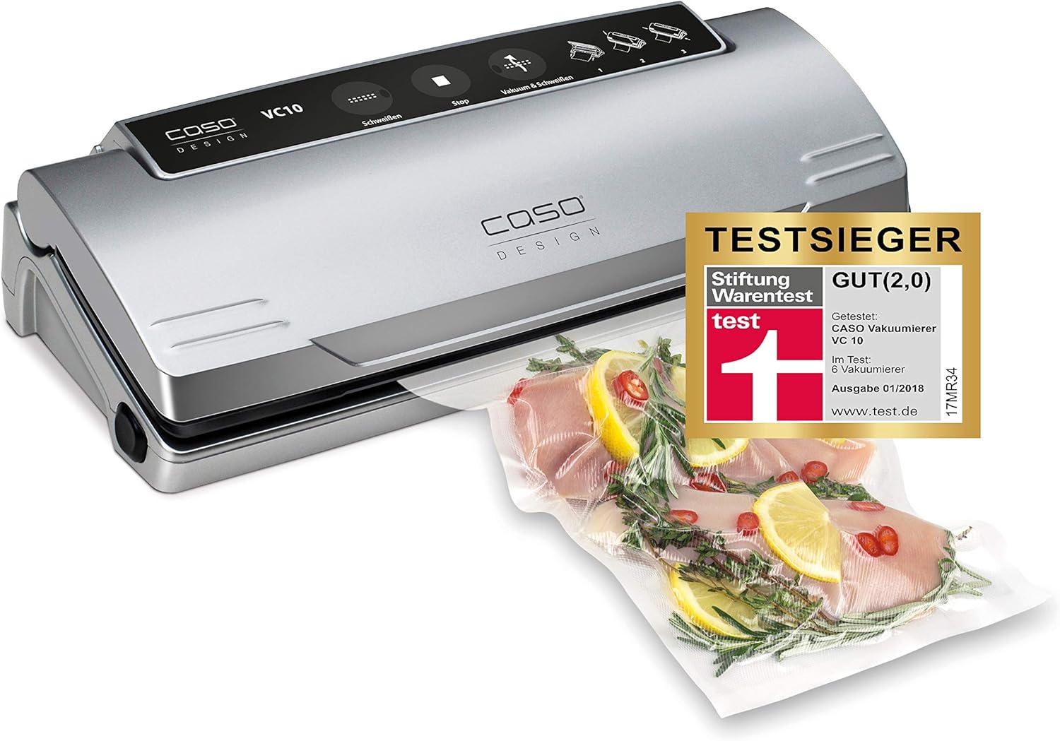 CASO VC10 Vakuumierer - Testsieger bei Stiftung Warentest, Vakuumiergerät, Lebensmittel bleiben vakuumiert bis zu 8x länger frisch, 30cm lange & stabile Schweißnaht, inkl. 10 Profi-Folienbeutel