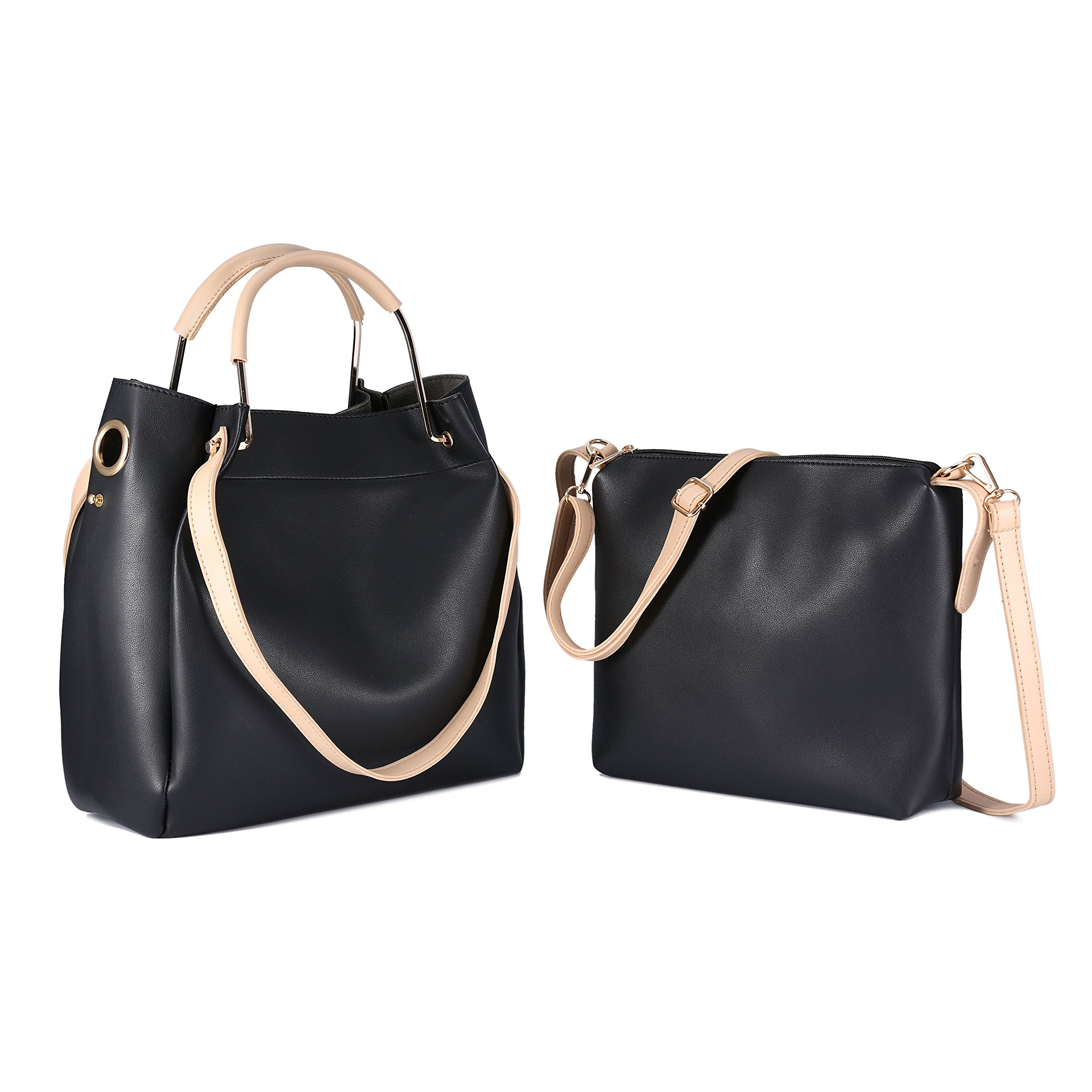 Bolso de Mano cuero PU mujeres,Bolso Señoras Totes 2 pedazos en 1,Bolso de bandolera y Mano-Negro