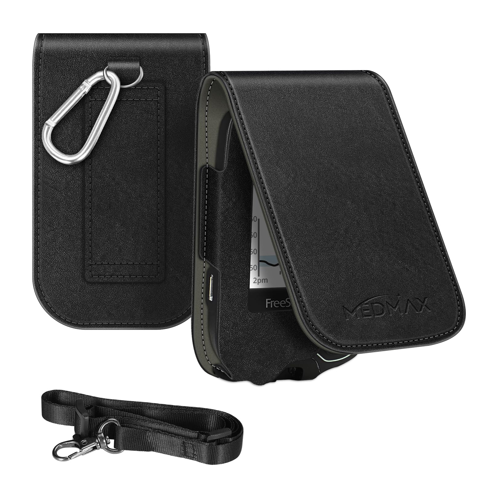 PU Leather Protective Case with Detachable Hanging Lanyard for Freestyle Libre 3 2 / Libre Reader, Lightweight Shockproof Diabetic Storage Neck Sling Carrying Case with Carabiner Clip (Black)