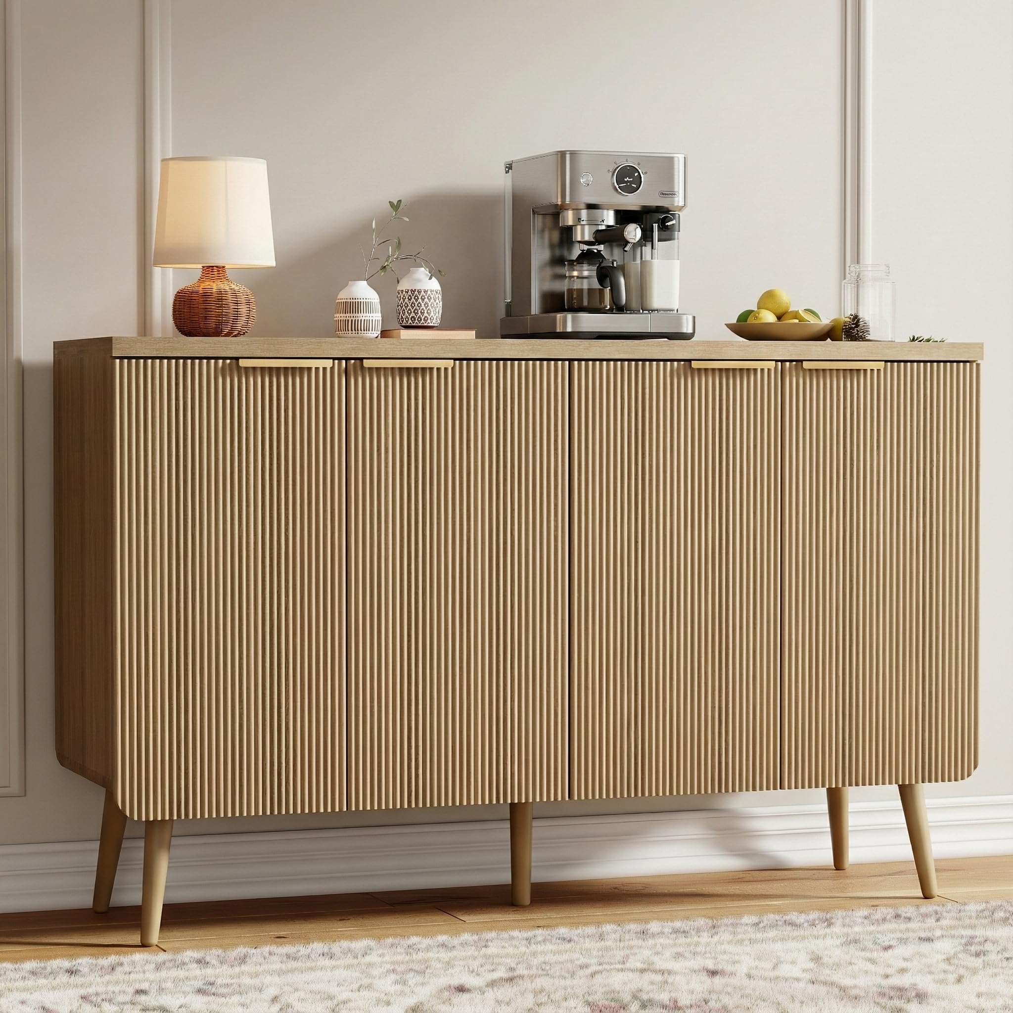 Photo 1 of *MAJOR DAMAGE*
Topcomfy Fluted Sideboard Buffet Cabinet with Storage, Mid Century Modern 4-Door Console Table with Adjustable Shelf & Solid Wood Legs, Wood Coffee Bar Credenza for Living Room, Dining, Entryway, Oak
