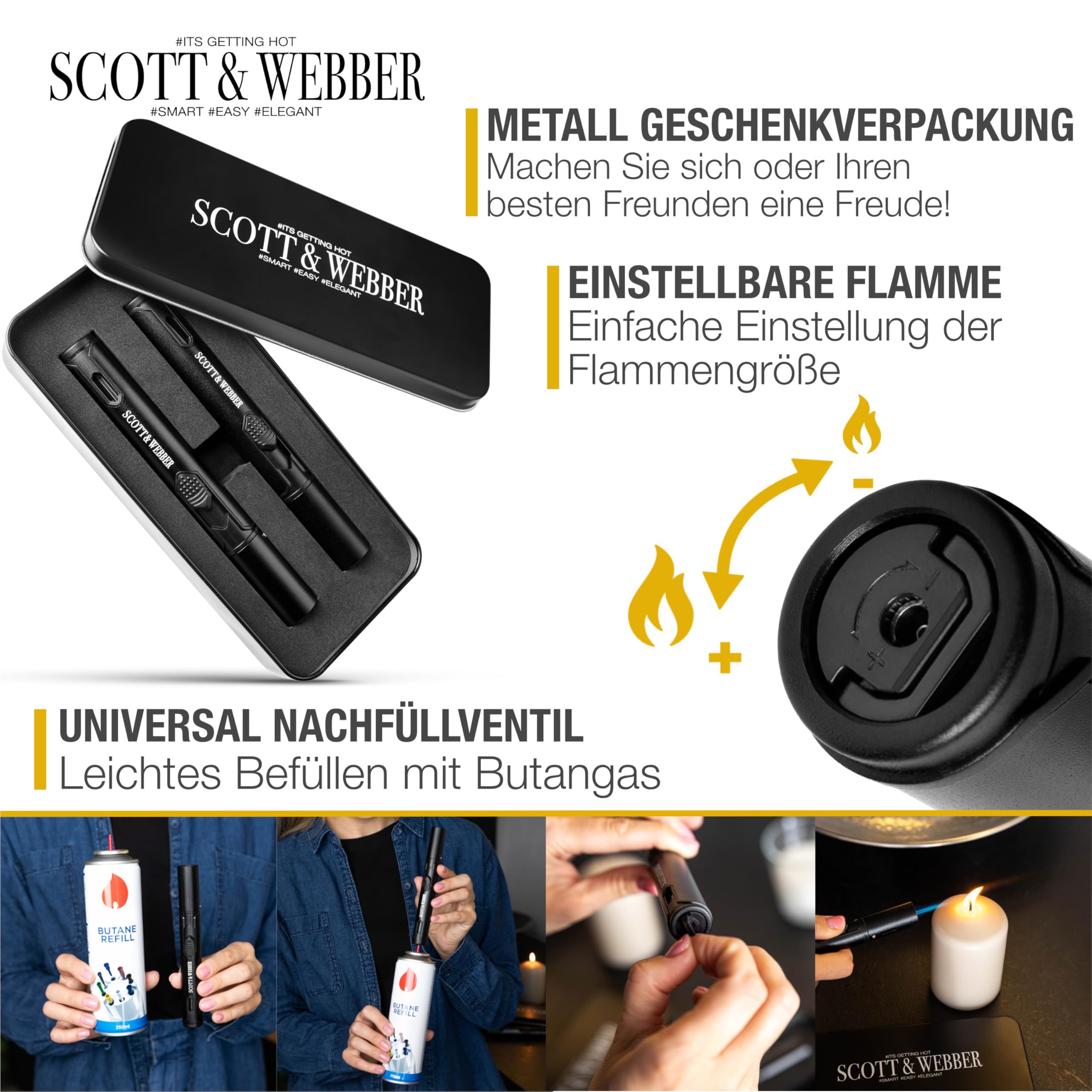 Scott & Webber® - Sturmfeuerzeug mit Jetflamme - 2 Stück Stabfeuerzeug Nachfüllbar Gas Feuerzeug aus Metall - Inkl. edler Metall Geschenkverpackung (Ohne Gasinhalt) 5