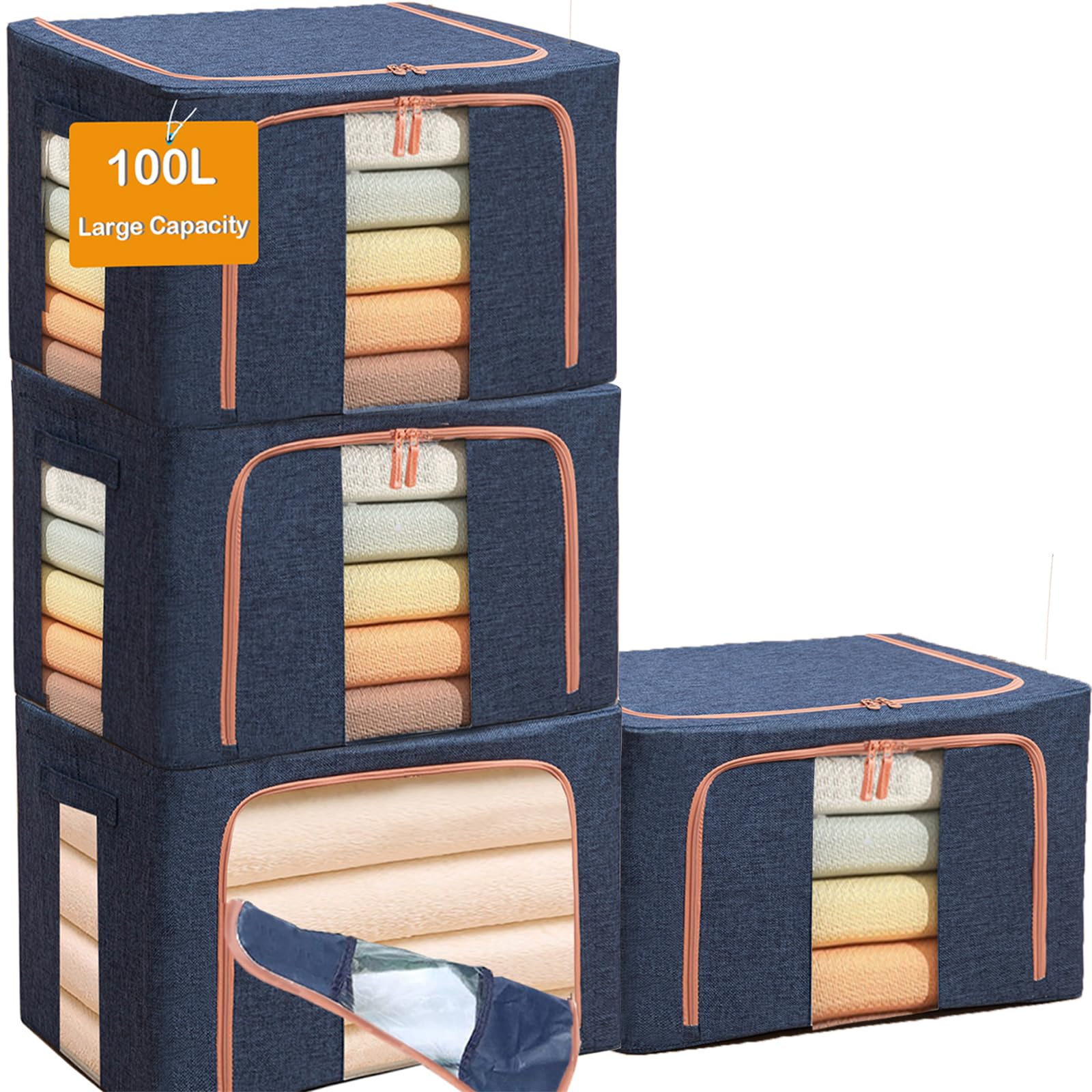 Photo 1 of 100L Large Storage Bags,Stackable Clothes Storage Bins with Hold Shape Metal Frame,Foldable Closet Organizer Containers with Zipper,Clear Window,Thick Fabric for Seasonal Clothing (Navy 4 Pack)
