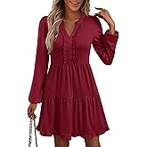 ANRABESS Womens Long Sleeve Dress 2025 Fall Casual V Neck Tiered Flowy Swing Short Mini Dresses Beach Travel Vacation Outfits