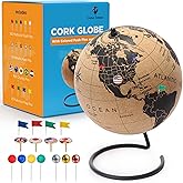 Cork Globe with Push Pins - 9.4” Globe with Map of the World and Rotating Stand for Children or Adults, 100 Metallic and 100 Colored Push Pins - World Map for Home, Office, Classroom, Travel, Kids