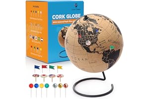 GLOBE TREKKERS Cork Globe with Push Pins - 9.4” Globe with Map of the World and Rotating Stand for Children or Adults, 100 Metallic and 100 Colored Push Pins - World Map for Home, Office, Classroom, Travel, Kids