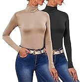 POPZONE 2 Pack Women's Turtleneck Long Sleeve Tops Mock Neck Slim Fit Shirt Basic Soft Lightweight Base Layer Undershirts