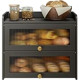 Large Vintage Bread Box for Kitchen Countertop Farmhouse Bread Holder | Double Layer Breadbox Organizer Storage Container with Window for Homemade Bread (Black, 2 Tier)