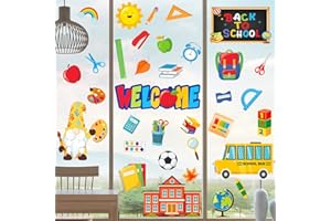 TENARE 4 Sheet Back to School Window Clings Gnomes Window Stickers Welcome Back School Window Clings First Day of School PVC Stickers for Summer Home Room Classroom Office Decor Party Supplies (School)