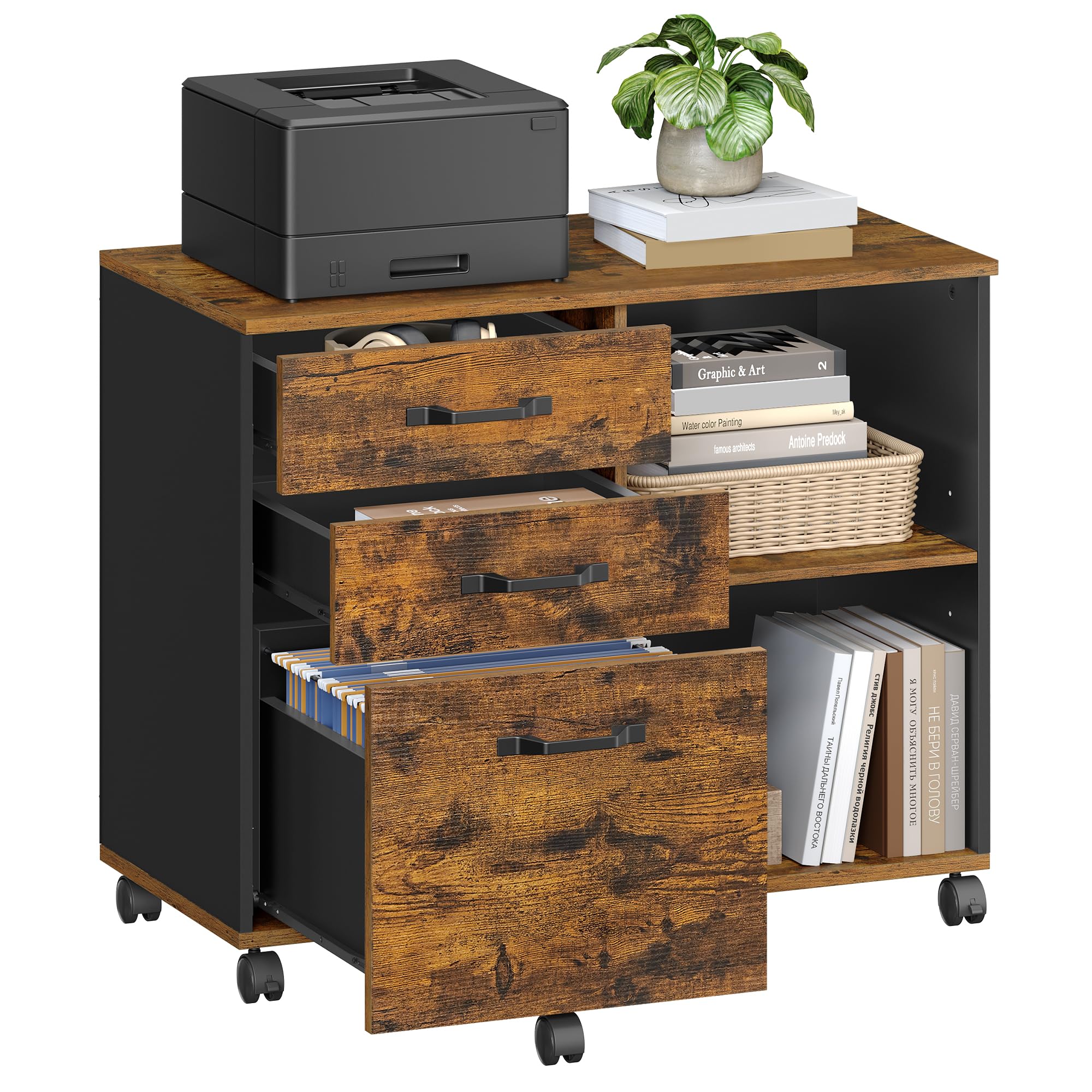 VASAGLE Lateral File Cabinet, Home Office Printer Stand, 3-Drawer Mobile Filing Cabinet with Open Storage Shelves, for A4, Letter-Size Files, Industrial, Rustic Brown and Black UOFC041B01