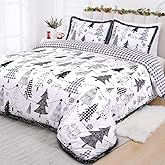 FRAMICS 3 Pieces Christmas Duvet Cover Queen Size with Plush Edge Christmas Tree Snowflake Duvet Cover Set with 2 Pillow Shams Grey Checked Christmas Comforter Cover with Zipper Closure, 90" x 90"