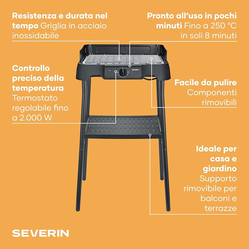 Barbecue Elettrico con Supporto, Griglia in Acciaio Inox, 2000W
