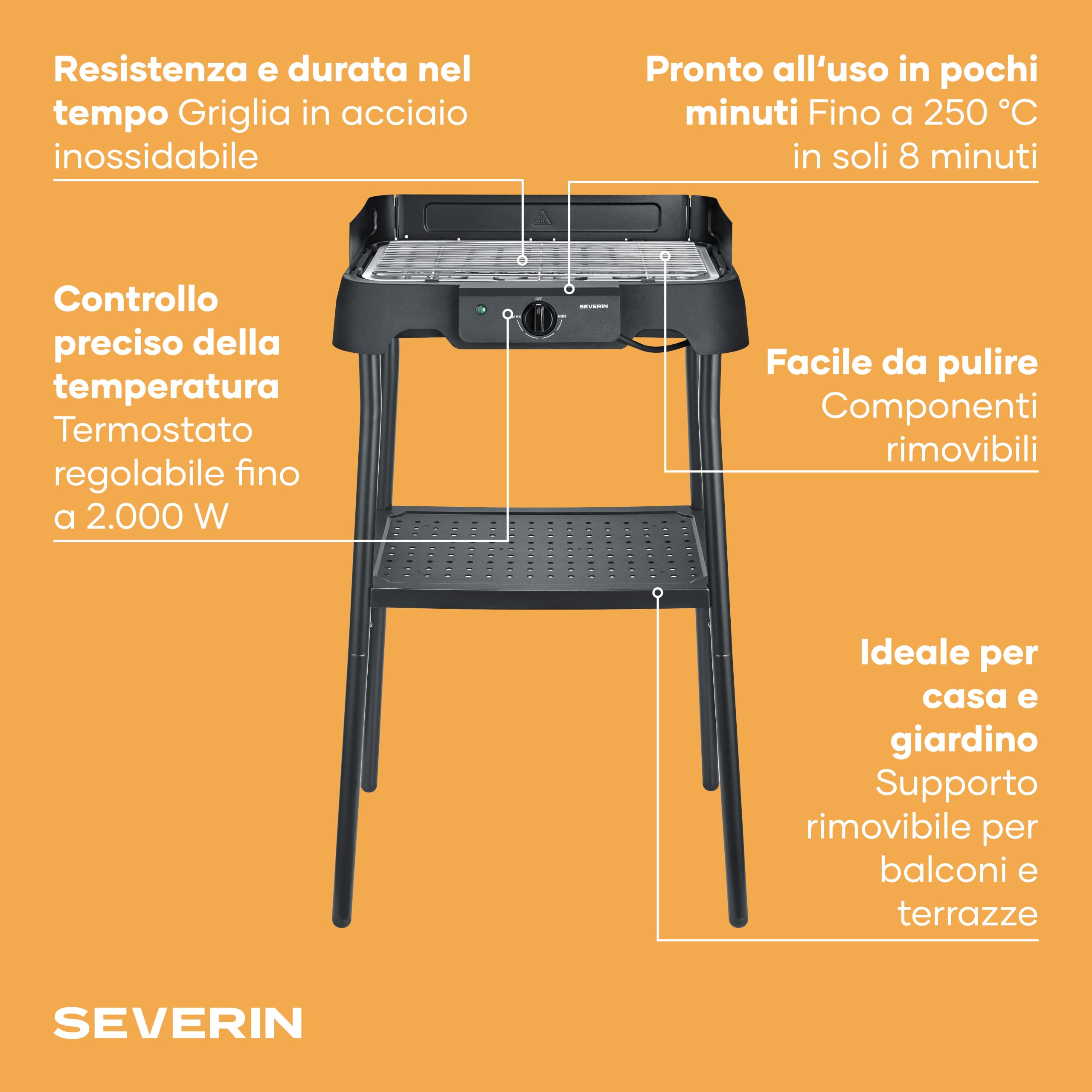 Barbecue Elettrico con Supporto, Griglia in Acciaio Inox, 2000W