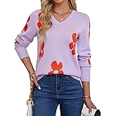 Womens V Neck Knit Sweaters Long Sleeve Lightweight Pullover Printed Cute Tops Winter Casual Fashion Outfits