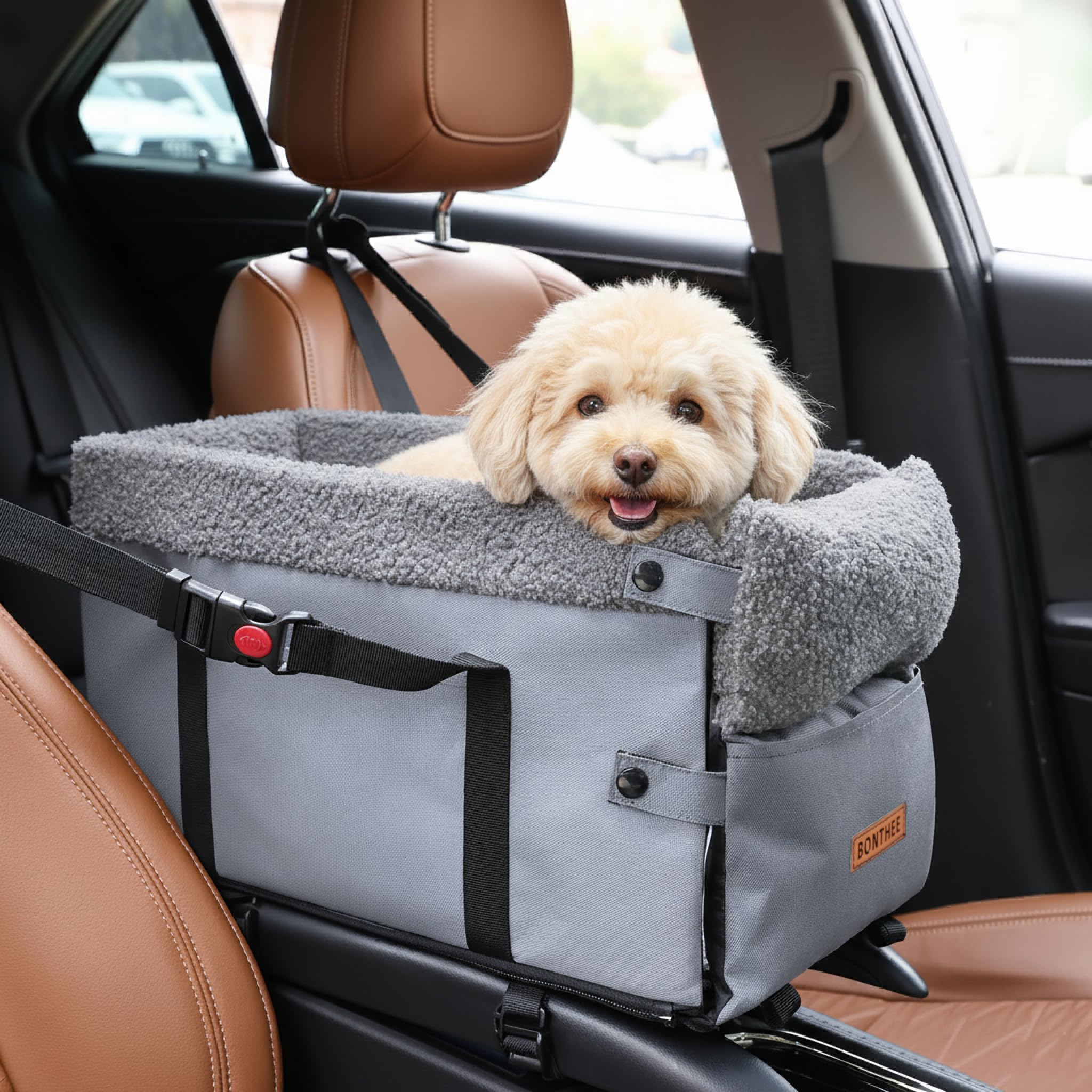 Photo 1 of Console Dog Car Seat for Small Dogs,Small Dog Booster Seat for Car Washable Foldable Puppy Car Seat with Safe Protection Hooks Adjustable Straps and Storage Pocket Pet Up to 15lbs