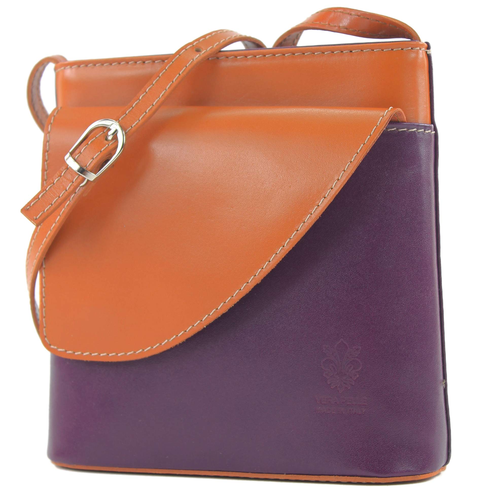 Italian women's bag handbag shoulder bag carrying bag small satchet D17, Colour:Purple Violet/Cognac
